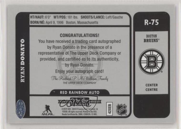 2018-19 O-Pee-Chee Platinum Retro Red Rainbow Ryan Donato #R-75 Rookie Auto RC - Image 2 of 2