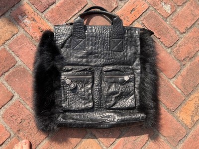 Thomas Wylde Black Embossed Leather & Fur Trimmed Skull Tote Bag