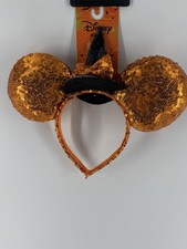 Disney Minnie Mouse Ears Halloween Black Witch Hat Orange Sequin Headband New