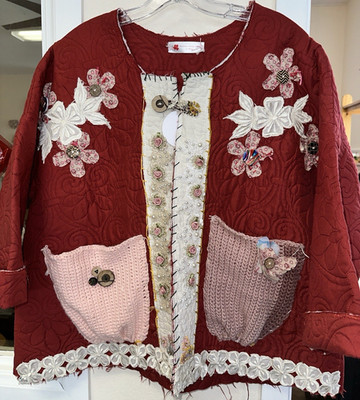 Women's Red Floral Applique Lace Trim Button Front Quilted Jacket. Handmade.