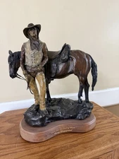 Lovely Craig Bergsgaard Western Bronze Sculpture Cowboy And Horse On Wood Base 