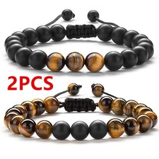 2PCS Beaded Bracelets Set Beaded Natural Stone 8mm Tiger Eye Matte Rock Bracelet