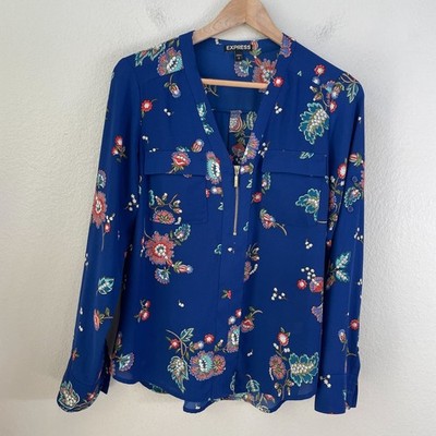Express Womens Small Blue Floral Long Sleeve Blouse Zip Front V Neck Shirt Top