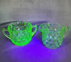 Vintage Green Uranium Glass Jeannette Cube/Cubist Creamer And Sugar Set