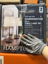 Hampton Bay Warrington 24.5in. Black Table Lamp Set White Fabric Shades Set of 2