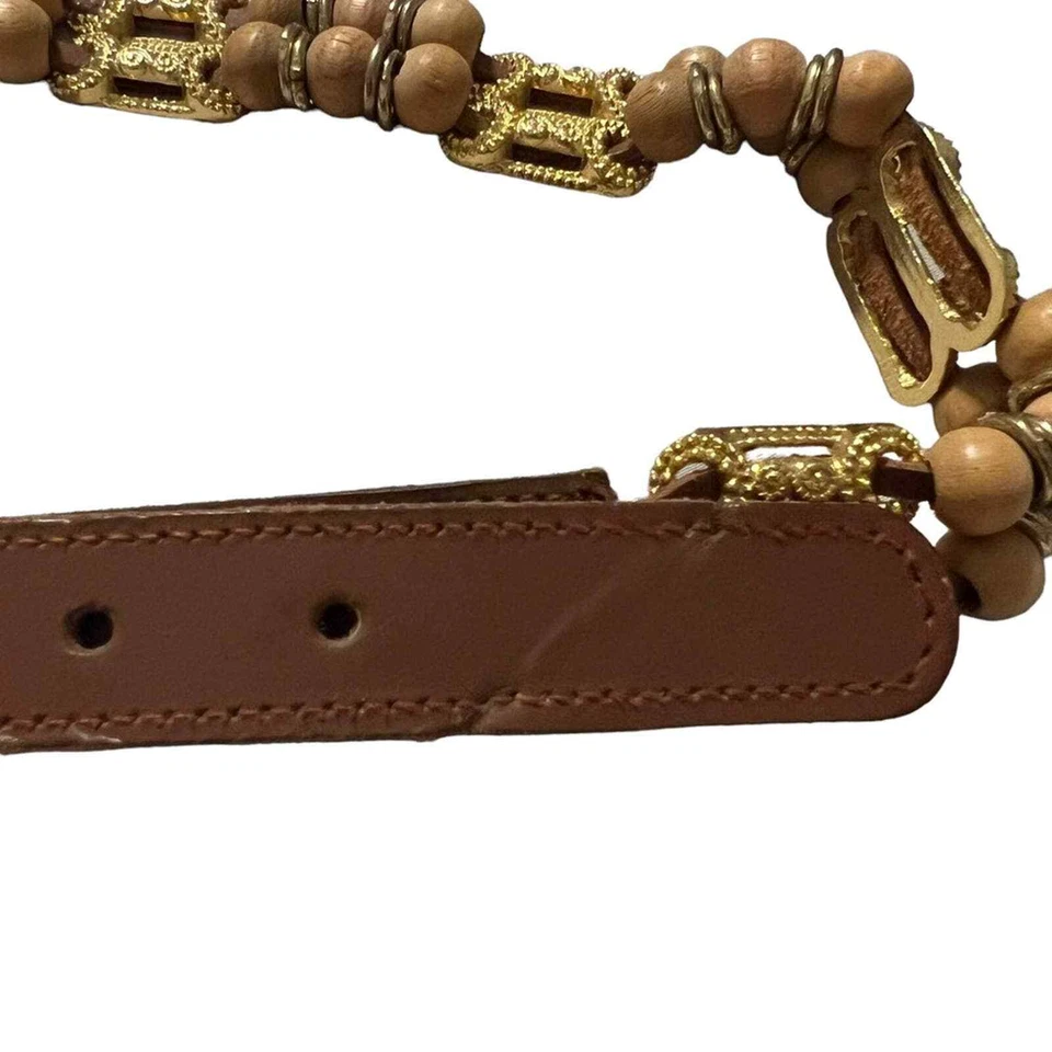 Express Boho gold beaded belts with leather. Gold buckle. Size: 35” - Image 2 of 4