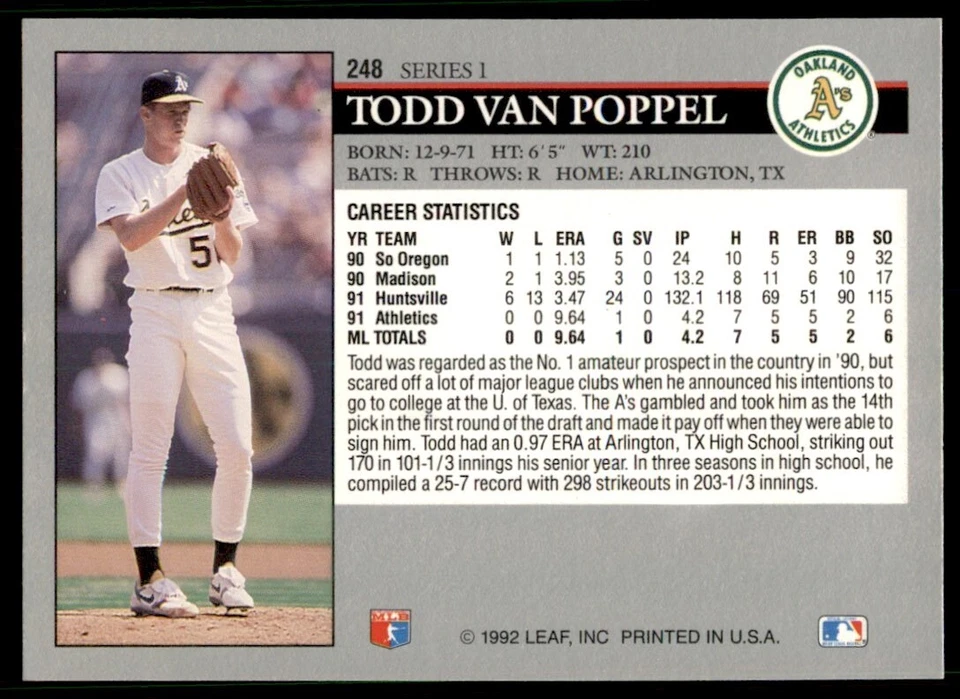 Todd Van Poppel 1992 Leaf Series 1 Card #248 Oakland Athletics - Image 2 of 2