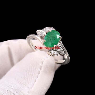 Lab Grown Emerald Gemstone With 18k White Gold Plated Silver Women's Ring #580