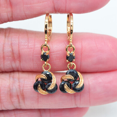 18K Yellow Gold Filled Women Black Mystic Topaz Knot Dangle Earrings Jewelry