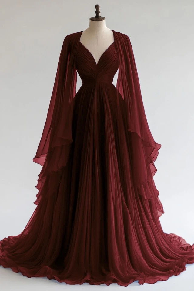 Vestidos de novia de gasa vintage con capa cuello en V línea A fruncidos vestidos de novia Foto 4 de 4