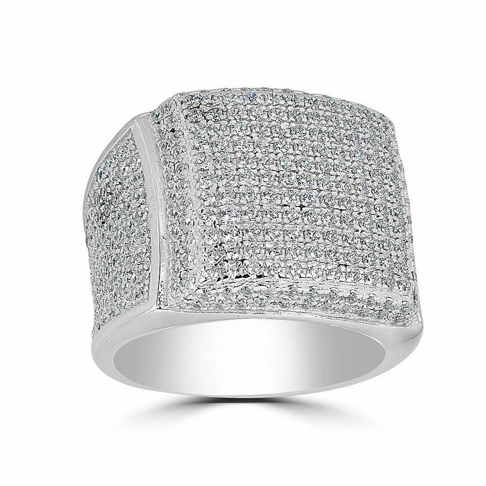 ANILLO MEÑIQUE CUADRADO DIAMANTE SIMULADO 4CT PLATA 925 MACIZA GRANDE PARA HOMBRE HELADO BRILLANTE