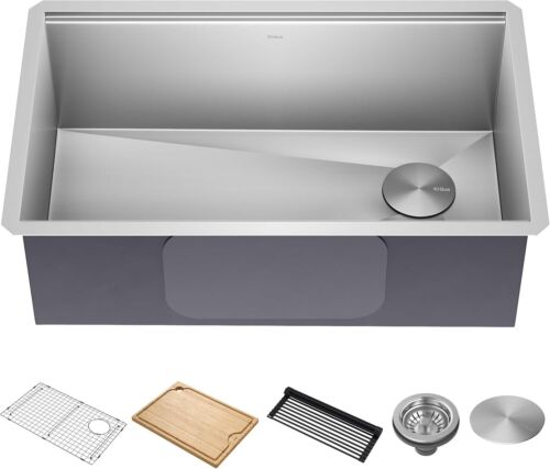 Satin Finish 30-Inch Undermount Workstation Sink with Bamboo Cutting Board Kit