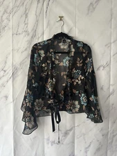 EARLY 2000S I.N.C FLORAL OPEN FRONT TIE BLOUSE TOP MULTICOLOR WOMENS SMALL