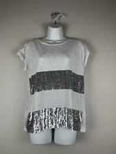 SEED HERITAGE | White Grey Sequined Detail Cap Sleeve Top | Size Small