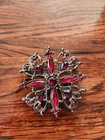 Vintage Red Rhinestone Brooch Gunmetal Black Costume Jewelry Pin