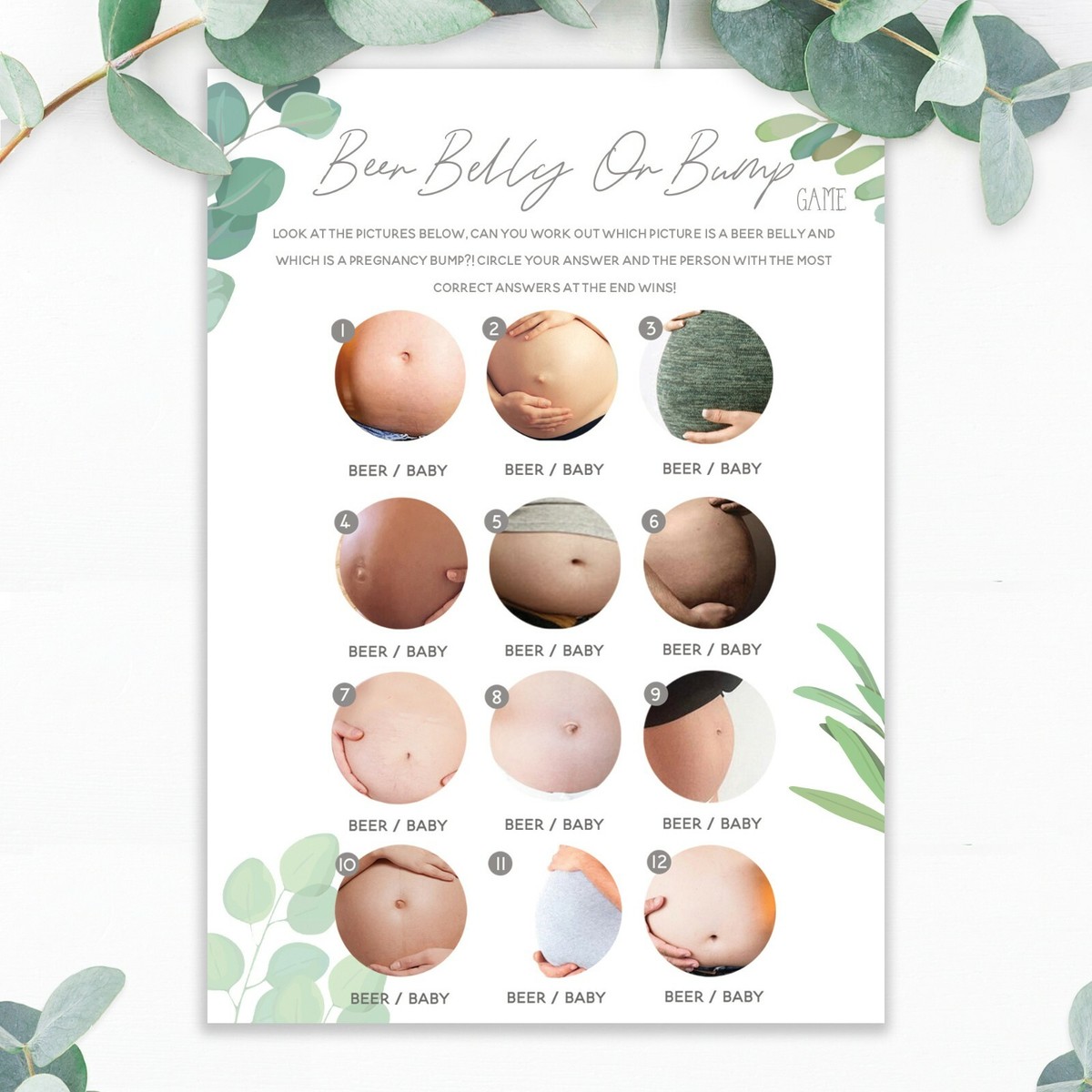 Baby Shower Games Beer Belly or Pregnancy Bump Quiz Unisex Botanical Boho x20 | eBay baby-shower-games-beer-belly-or-pregnancy-bump-quiz-unisex-botanical-boho-x20-ebay