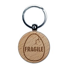 Fragile Cracked Chicken Egg Engraved Wood Round Keychain Tag Charm