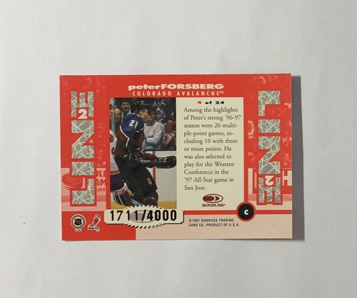 1997-98 Donruss /4000 Line 2 Line Peter Forsberg #4 Colorado Avalanche - Picture 2 of 3