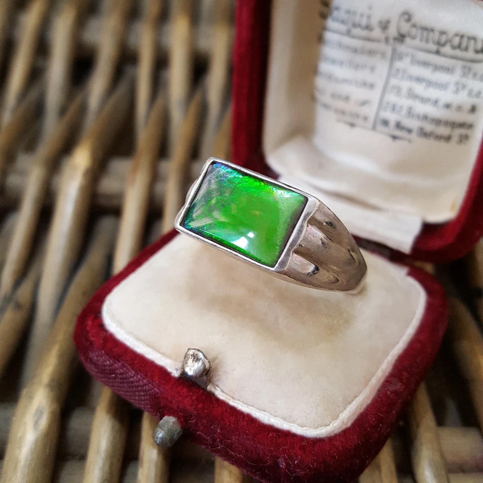 Anillo de plata de ley 925, anillo de sello de ammolita canadiense natural, tamaño P.5 EE. UU. 7.75 Foto 3 de 4