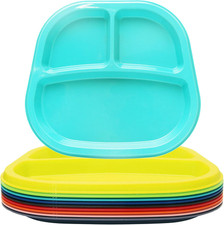 3-Compartment Divided Plastic Kids Tray, 3 Compartment Plates, Set of 9 9 Rainb