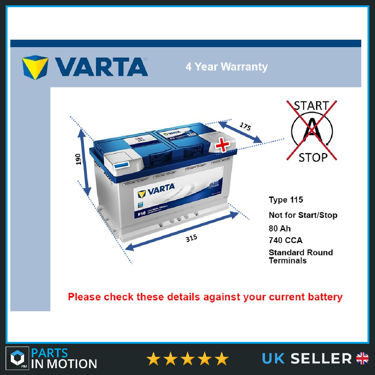 Car Battery F16 Varta 115 740A 80Ah 4Yr Warranty 315x175x190 Blue Dynamic