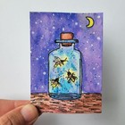ACEO Original Jar Of Fireflies Watercolor Acrylic Painting Mini Art Card Signed — photo 1