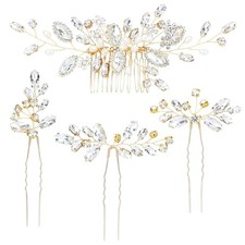 4 Pieces Gold Metal Wedding Bridal Rhinestone Hair Side Comb Gold White