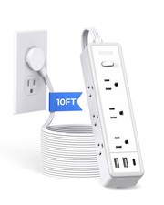Surge Protector Power Strip 10 FT Flat Cord 9 Outlet 3 USB Wall Mount White