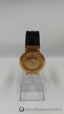 Gianni Versace Quartz Watch Gold Tone Black Leather Band Medusa #M-2975