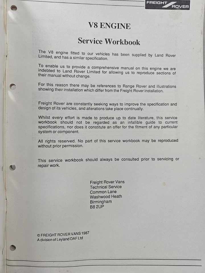 Freight Rover Vans Service Workbook 300 Series V8 Engine 1987 Leyland Daf - Image 3 of 3