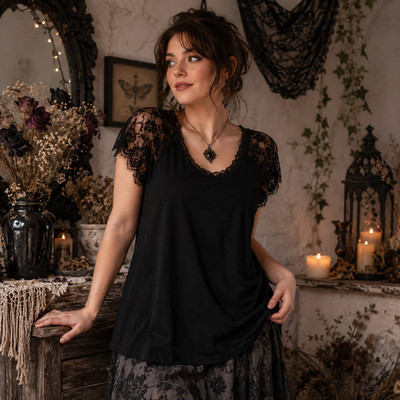Three Bird Nest Black Lace Sleeve Top Sz M Boho Whimsigoth Romantic Fairy Grunge