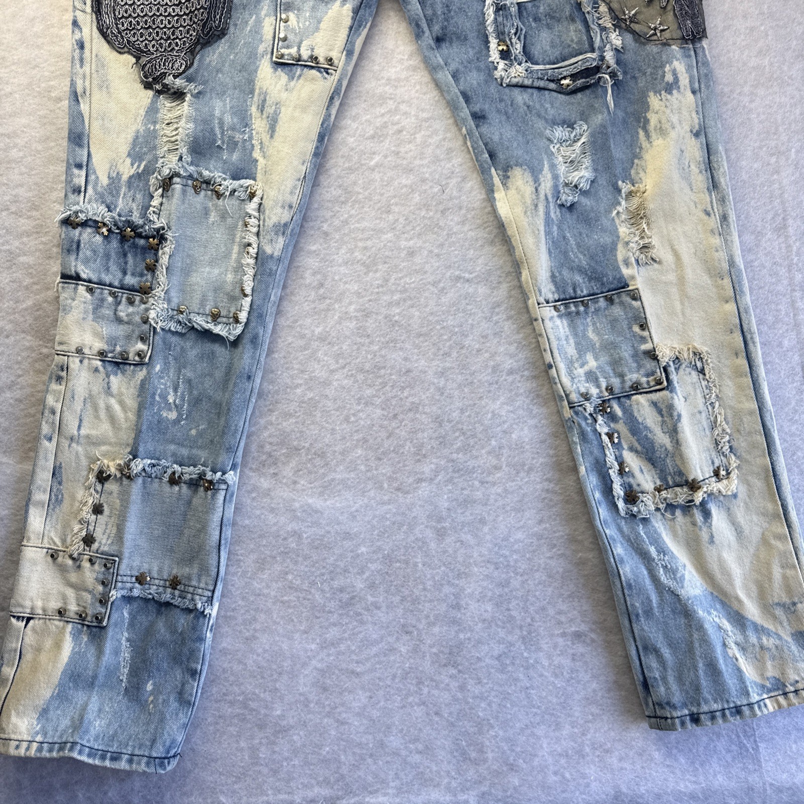 Imperious Distressed Patchwork Denim Embroidered … - image 4
