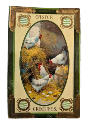 Vintage Easter Greetings Postcard 1910 Chickens Antique Metallic Gold Germany