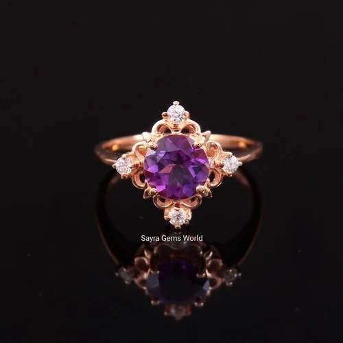 Handmade Rose Gold Amethyst Ring: Sterling Silver, Cubic Zirconia
