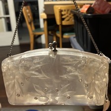 1950s Lucite Purse Clutch with molded cherry and Rhinestones