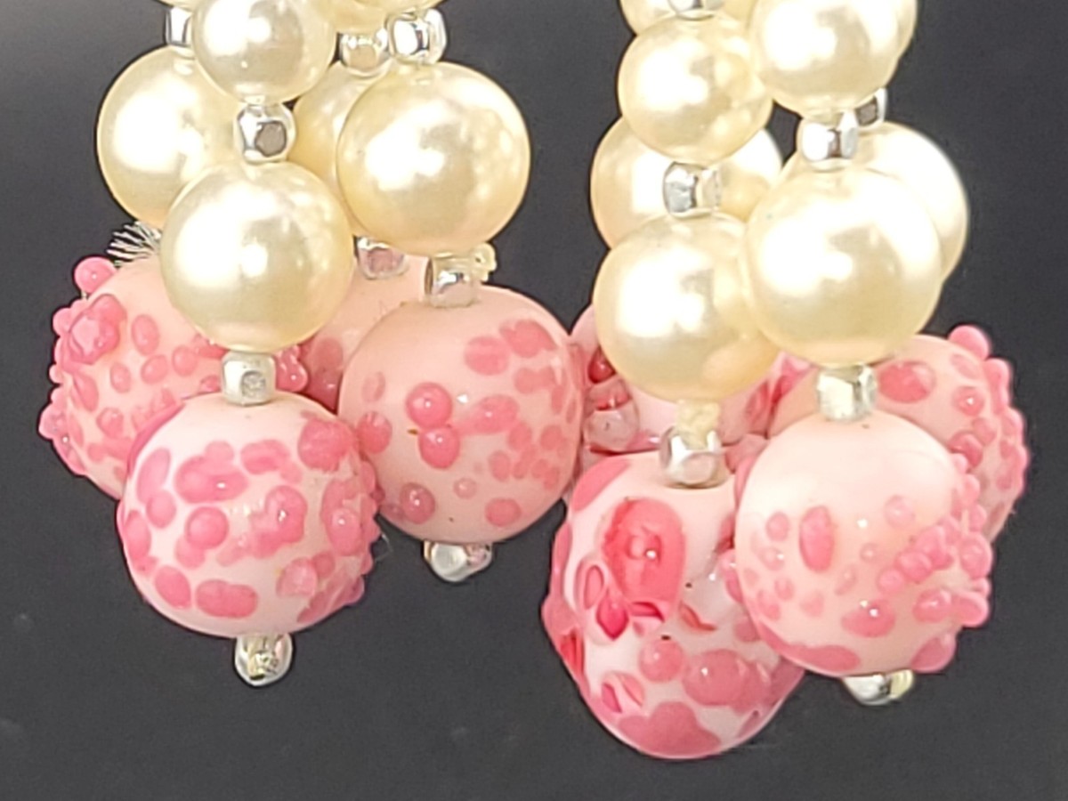 Vintage Cream Glass Pearl Pink Murano Art Glass Bead Chandelier Clip Earrings 3" View 5