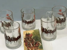 VTG set of 5 ABBEY Budweiser champion Clydesdales horses clear glass mugs 4 1/2