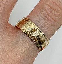 9 ct Gold Patterned Band Wedding Ring 9k 375 Yellow Gold - Size V