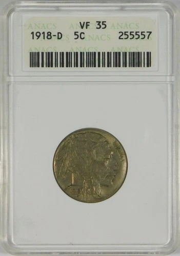 1918-D 5c Indian Head Buffalo Nickel Coin ANACS VF35 **Old Small Holder**