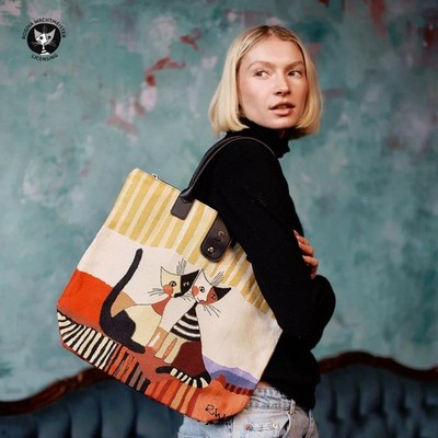 Faltbare Shopper Tragetasche Damen Handtasche Rosina Katze Kappia gewebt Gobelin Öko
