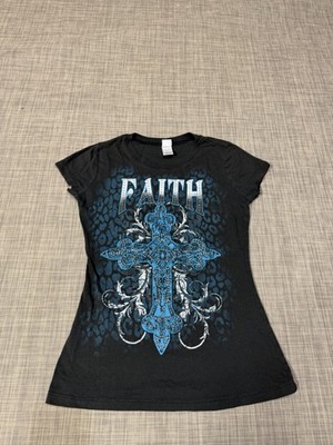 VTG Y2K Bedazzled Cross Women s T Shirt Size M Black/Blue Emo Goth