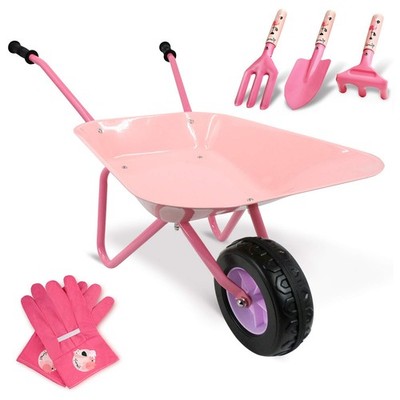 Altdorff Kids Pink Metal Wheelbarrow & Gardening Tool Set - 14'' Wide, 66lbs Cap.