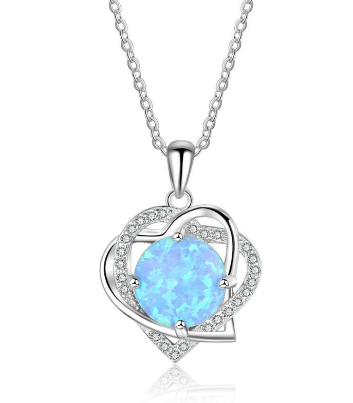 E05 Cuore 2 Cuoricini Blu Opale di Fuoco Argento Sterling 925 Rimorchio E Catena - Immagine 2 di 4