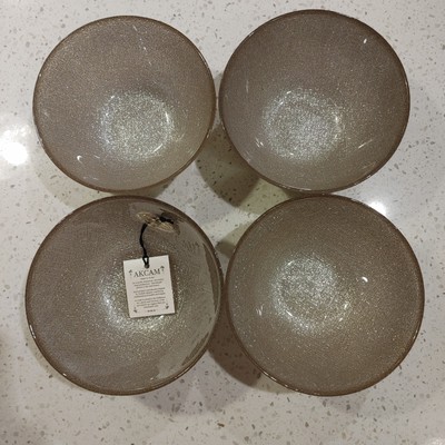 Akcam Turkish Light Gold Silver Sparkle Cereal Soup Salad Glass Bowls 4 Set New