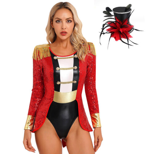 Damen Pailletten Zirkus Ringmaster Trikot Halloween Kostüm Body Kostüm - Bild 1 von 24