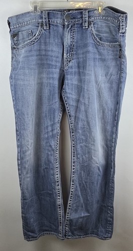 Silver Jeans Mens 38x32 Relaxed Straight Light Wash Whiskering Blue Denim Jeans