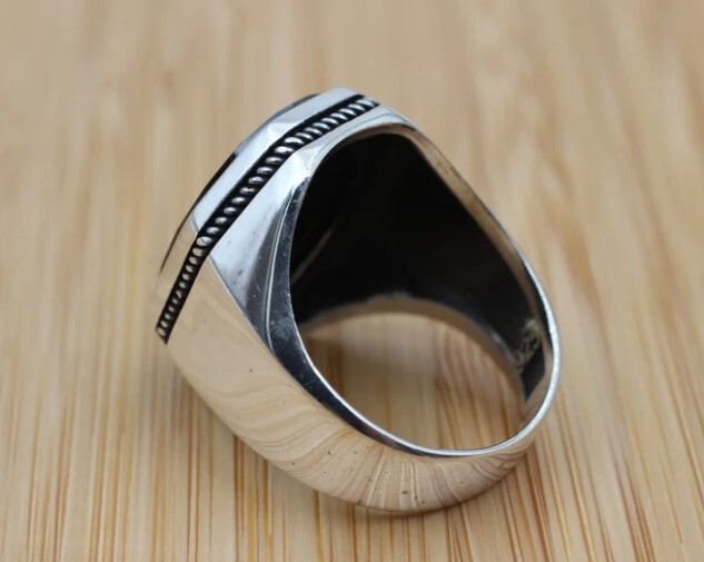 Mens Handmade Ring Large Black Onyx Gemstone Ring Men Sterling Silver