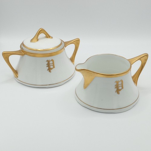 Sugar & Creamer Set Formal White & Gold Monogram "P" Porcelain Bavaria - 第 1/17 張圖片