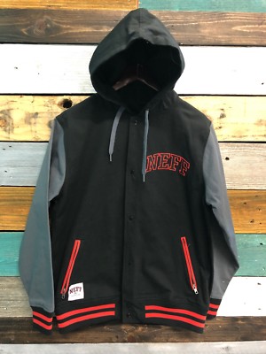 NEFF Hoodie Varsity Snap Up Letterman Jacket Black Gray Mens Size Small NEW *