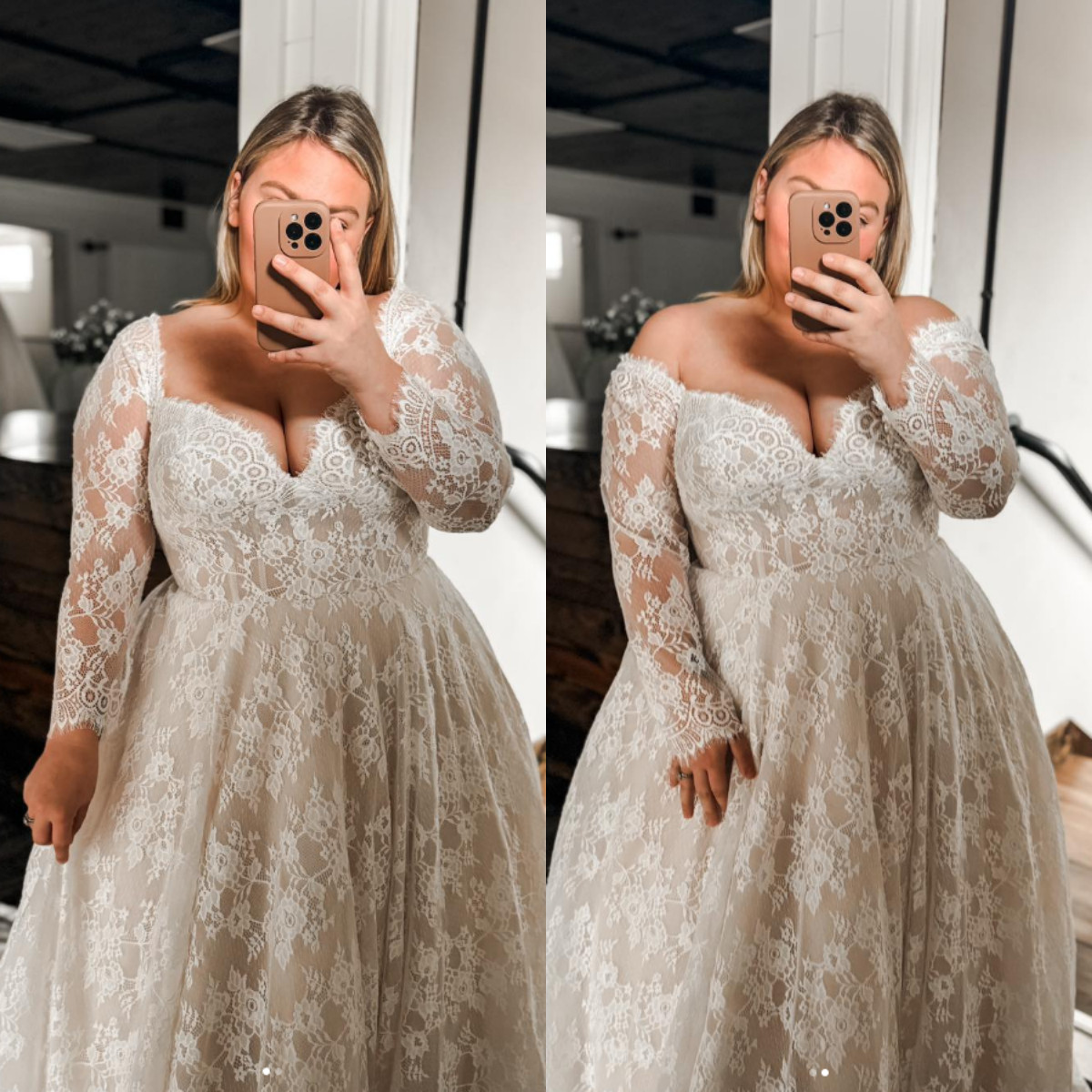 Champagne Wedding Dress Plus Size Beach V Neck Long Sleeves Lace Bridal  Gowns